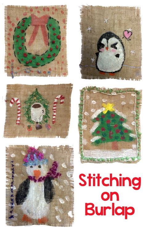 Stitching on Burlap: A Painting & Sewing Experience for Children | Art is Basic | An Elementary Art Blog Sewing Burlap, Elementary Art Lesson Plans, Burlap Art, Christmas Art For Kids, Fiber Art Projects, 4th Grade Art, Classroom Art Projects, Blog Art, Elementary Art Projects