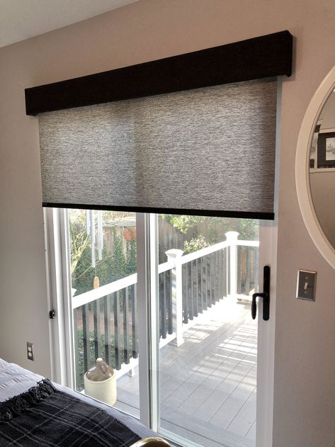 A beautiful black roller shade we recently installed! Roller Blind For Door, Window Treatments For Sliding Doors Patio, Patio Door Window Blinds, Sliding Door Covers, Shades For Slider Doors, Window Well Window Treatments, Patio Sliding Doors Window Treatments, Roller Shades Over Sliding Glass Door, Pull Down Shades Window Treatments