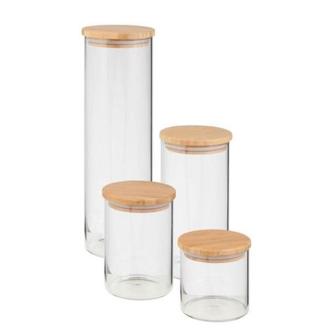 Glass Jar Storage, Bamboo Containers, Glass Kitchen Canisters, Kitchen Canister Set, Georg Listing, Kitchen Organization Pantry, Jar Storage, Glass Jars With Lids, Glass Storage Jars