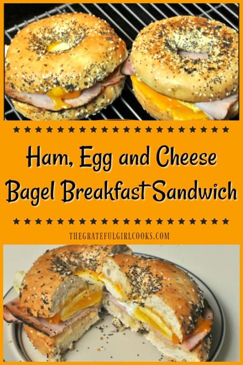 You'll love this hearty, delicious and filling bagel breakfast sandwich, with egg, ham and cheese, which can be ready in under 10 minutes! / The Grateful Girl Cooks! Bagel Fillings Ideas Breakfast, Breakfast Sandwich Bagel, Ham And Cheese Bagel Sandwich, Ham Egg And Cheese Bagel Sandwich, Bagel Fillings Ideas, Bagel Egg Sandwich, Bodybuilding Snacks, Egg Bagel Sandwich, Bagel Fillings