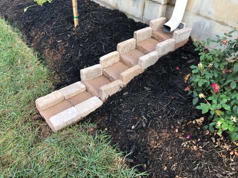 Down Spouts Ideas Creative, Rain Scaping, Gutter Drainage Ideas, Downspout Landscaping, Downspout Ideas, Downspout Extension, Splash Blocks, Landscape Drainage, Backyard Drainage