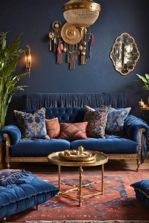 25 Moody Boho Living Room Ideas – The Crafty Hacks Navy Blue Bohemian Living Room, Jewel Tone Living Room Bohemian, Boho Moroccan Living Room, Rock N Roll Living Room, Moody Boho Living Room, Blue Boho Living Room, Boho Van, Velvet Couch Living Room, Blue And Gold Living Room