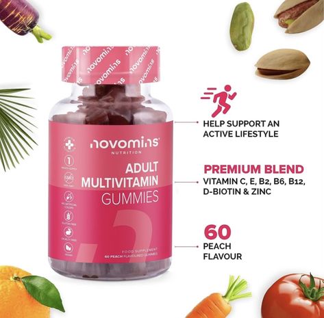 Multivitamin Gummies - 17 Essential Multi Vitamins – Chewable Gummy Vitamins - 1 Month Supply - Vegan – Peach - for Women & Men – Multivitamin Gummies by Novomins Vegan Peach, Supplements Packaging, Gummy Vitamins, Folic Acid, Natural Supplements, Vitamins & Supplements, Health Supplements, Feeling Sick, Multivitamin