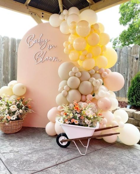 11 Beautiful Spring Baby Shower Themes - The Greenspring Home Floral Theme Decoration, Neutral Floral Baby Shower Ideas, Backyard Baby Shower Ideas Girl, Botanical Garden Baby Shower Ideas, Baby Shower Themes Baby In Bloom, Baby Shower Flowers Girl, Tulip Baby Shower Theme, Baby Shower Gift Opening Area, Baby Shower Inspo Girl