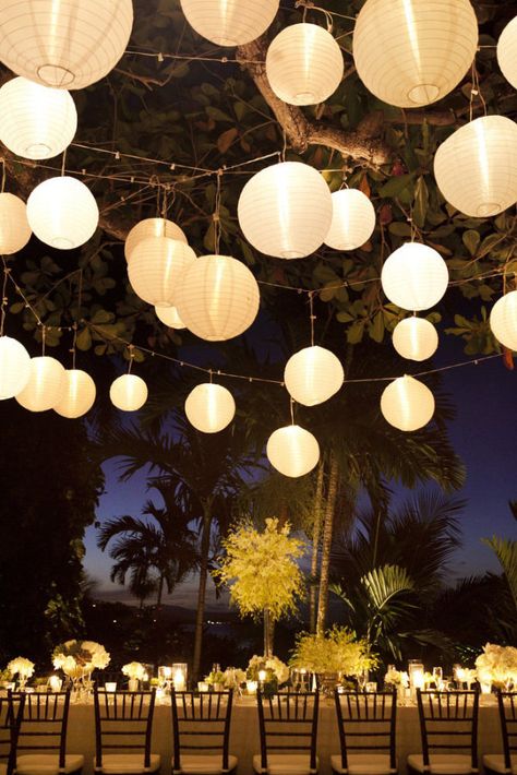 Lanterns... I wonder if we could use large round balloons with small led lights in them for a similar effect...hmmmm Wedding Ambiance, Round Paper Lanterns, Jamaica Wedding, Round Balloons, Wedding Lanterns, Hanging Flowers, The Ceiling, Wedding Cake Designs, Hanging Lanterns