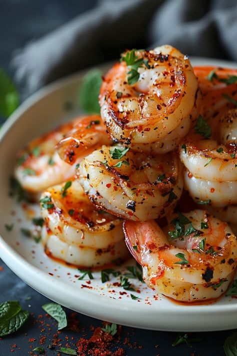 Grilled shrimp garnished with herbs and spices on a white plate. Prawns Aesthetic, Shrimp Food Photography, Shrimp Cocktail Aesthetic, Prawn Aesthetics, Foods Cats Can Eat, Fried Shrimp Photography, Yummy Shrimp Recipes, Foods High In Iron, Seafood Entrees