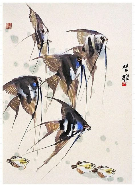 Vintage Fish Poster, Goldfish Art, Chinese Art Painting, Japanese Art Prints, Chinese Brush Painting, Chinese Brush, Tinta China, Brush Painting, Korean Art