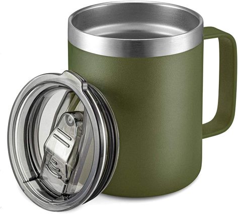 Amazon.com: ALOUFEA 12oz Insulated Coffee Mug Cup with Handle, Stainless Steel Travel Coffee Mug with Flip Lid, Double Wall Vacuum Coffee Tumbler, ArmyGreen : Home & Kitchen Mug Handle, New Product Ideas, Stainless Steel Coffee Mugs, Drinks Coffee, Matte Powder, Mug Tumbler, Insulated Coffee Mugs, Mug With Handle, Coffee Tumbler