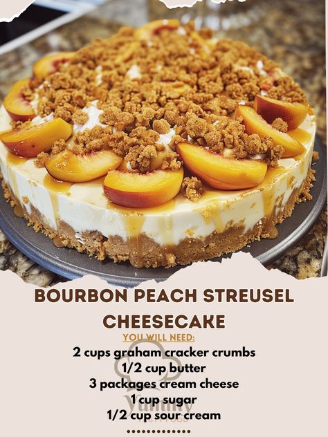 🍑🥃 Indulge in this boozy, fruity, and crunchy delight! #BourbonPeachStreuselCheesecake 🍽️ Bourbon Peach Streusel Cheesecake 🛒 Ingredients: Crust: 2 cups graham cracker crumbs 1/2 cup butter, melted Filling: 3 packages cream cheese, softened 1 cup sugar 1/2 cup sour cream 3 eggs 1 tsp vanilla extract 1/4 cup bourbon Topping: 2 cups peaches, sliced 1/2 cup brown sugar 1/2 cup flour 1/2 cup rolled oats 1/4 cup butter, melted 1 tsp cinnamon 👩‍🍳 Instructions: Preheat Oven: Preheat to 325°F. Pr... Peach Bourbon Cheesecake, Bourbon Peach Cheesecake, Bourbon Cheesecake Recipes, Bourbon Cheesecake, Peach Streusel, Peaches Cream Cheese, Cream Cheese Cheesecake, Peach Bourbon, Savoury Treats