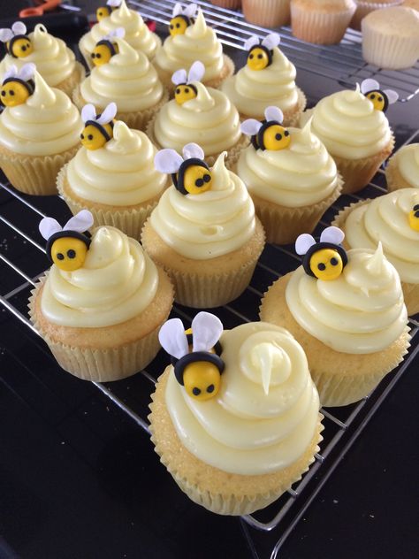 Bee Cake And Cupcakes, Bumble Bee Cupcakes Ideas, Bee Cupcakes Ideas, Bumblebee Cupcakes, Honey Bee Cupcakes, Bee Dessert, Bee Themed Cupcakes, Easy Bee Cake, Honey Pot Cupcakes