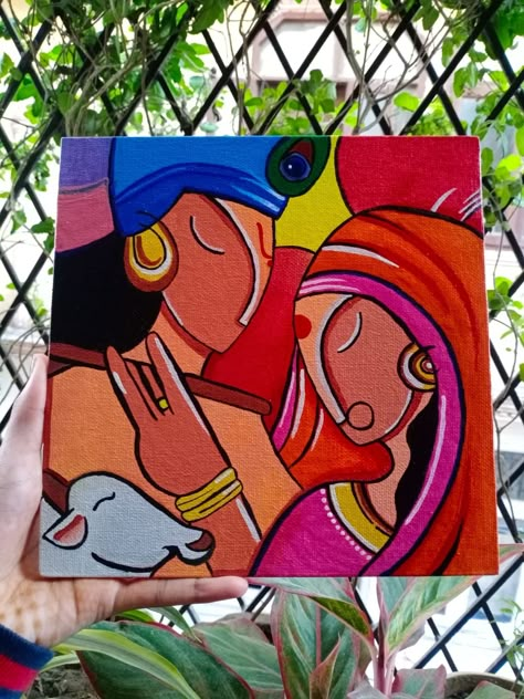 Mini Canvas Art God, Krishna Painting Simple, Radha Krishna Art Easy, Madhubani Canvas Paintings, Indian Paintings Easy, Krishna Painting Abstract Canvases, Krishna Easy Painting, Radha Krishna Modern Art Paintings, Krishna Abstract Art