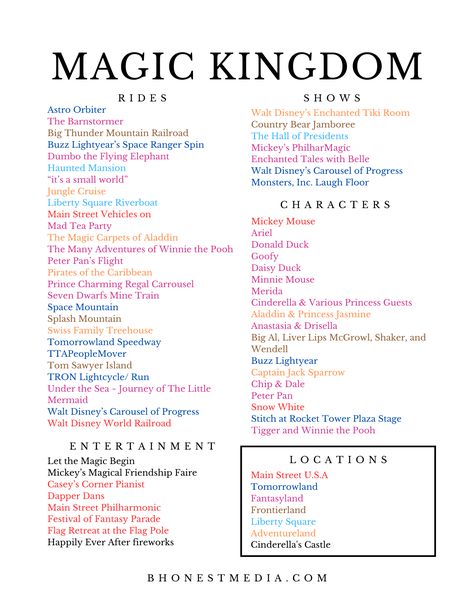 Guide to Disney’s Magic Kingdom 2023 - B Honest Media Disney Rides By Park 2023, Disney World Attractions List 2023, Disney World Ride List 2023, Map Of Magic Kingdom Disney World, Magic Kingdom Shopping, Magic Kingdom Map 2023, Rides At Magic Kingdom Disney World, Disney World Magic Kingdom Rides, First Time Disney Trip Magic Kingdom