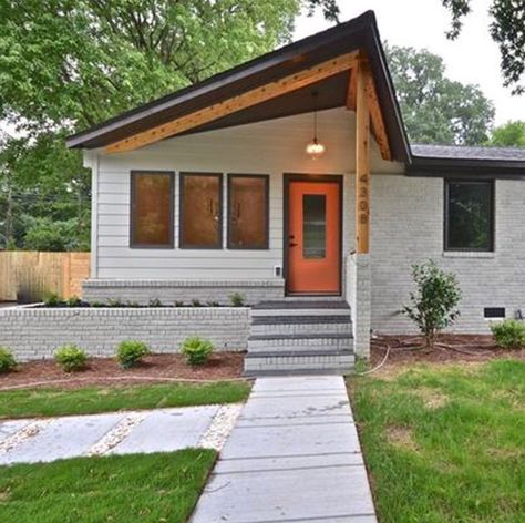 Modern Front Porch Addition, Slanted Front Porch Roof, Exterior House Remodel Before And After Front Porch Addition, Modern Portico Entrance, Roof Lines Addition Porch Ideas, Mcm Front Porch, Mcm Porch, Mid Century Front Porch, Mid Century Modern Front Porch