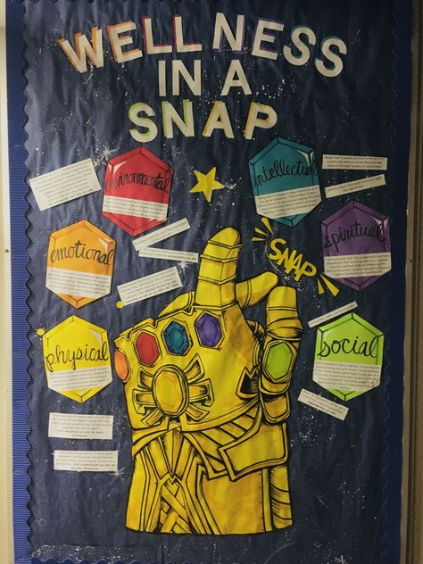 RA Wellness bulletin describing the 6 dimensions of wellness #RA #residentadvisor #rabulletinboards #bulletinboard #marvel #thanos #wellness Marvel Bulletin Board Ideas, Marvel Theme Classroom, Marvel Door Decs, Avengers Bulletin Board, Ra Wellness Bulletin Board, Marvel Bulletin Board, Marvel Classroom Theme, Wellness Bulletin Boards, Health And Wellness Bulletin Boards