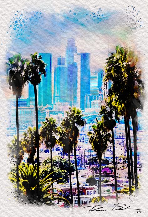 Neo Art Mixed Media Watercolor Art, 09-22-2023 Los Angeles, California Los Angeles Cityscape, Mixed Media Watercolor, Los Angeles Art, Los Angeles City, Art Mixed Media, World View, City Art, Art Class, Abstract Watercolor