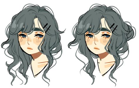 Wavy Bangs Drawing, Shoulder Length Hair Drawing Reference, Fluffy Hair Girl Drawing, Anime Messy Bun, Straight Hairstyles Drawing, Bangs Art Reference, Shoulder Length Hair Drawing, Puffy Hair Drawing, Hair Inspo Art