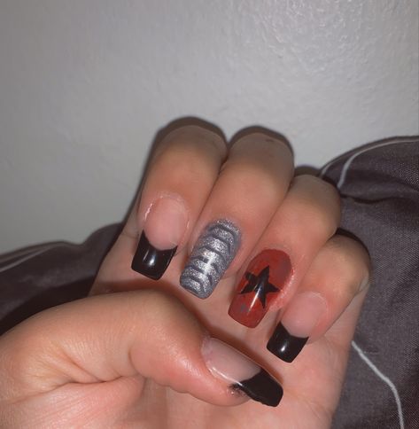 nail art on long square nails inspired by bucky barnes from the marvel universe Bucky Barnes Inspired Nails, Marvel Avengers Nails, Marvel Nails Short, Marvel Nails Simple, Nails Superhero, Marvel Nail Ideas, Bucky Barnes Nails, Marvel Inspired Nails, Winter Soldier Nails