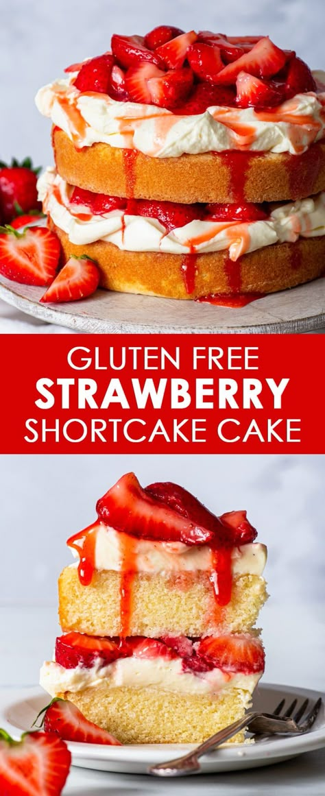 Small Batch Gluten Free Strawberry Shortcake Cake - This small batch gluten free cake is bound to become your new summer favourite. With soft vanilla sponges, luscious whipped cream, plenty of juicy strawberries and a drizzle of strawberry syrup, it’s the ultimate summer showstopper. The recipe makes a 6 inch cake but it’s easily doubled to make a larger 8 inch cake. Layer cake. Cake decorating ideas. Gluten free dessert recipes. Strawberry cake. Strawberry cream cake. Gluten free recipes. Gluten Strawberry Shortcake, Gf Shortcake Recipe, 6 Inch Gluten Free Cake Recipe, Gluten Free Strawberries And Cream Cake, Gluten Free Shortcakes, Gluten Free Desserts With Strawberries, Easy Cake Recipes Strawberry, Gluten And Dairy Free Strawberry Cake, Gluten Free Vanilla Sponge Cake