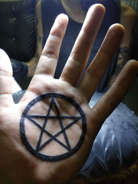 Pentacle Hand Tattoo, Inside Palm Tattoo, Pentacle Tattoo, Hand Palm Tattoos, Now Tattoo, Pentagram Tattoo, Palm Tattoo, Anarchy Symbol, Upside Down Cross