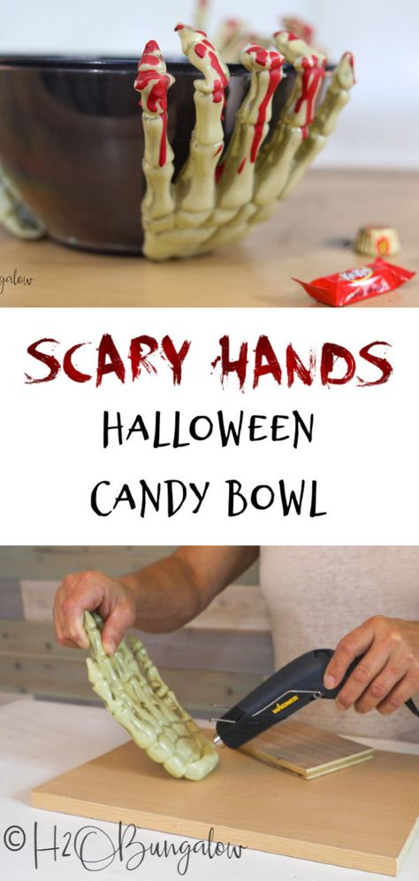 Greet your trick or treaters with a spooky DIY Halloween candy bowl or serve up a scary serving dish filled with chips or food at your next party! Easy to make halloween decor with video tutorial. #halloween #party Inexpensive Halloween Decorations, Diy Halloween Candy, Spooky Diy, Halloween Candy Bowl, Spooky Candy, Hand Candy, Diy Dish, Diy Bowl, Trick Or Treaters