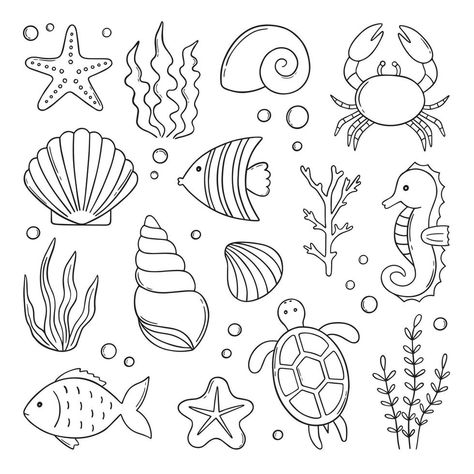 Cute Sea Creatures Drawing Easy, Easy Sea Drawings, Sea Doodle Art, How To Draw A Shell, Life Under Water Drawing, Simple Sea Creature Drawings, Under The Sea Drawing Easy, Corals Drawings, Underwater Art Drawing