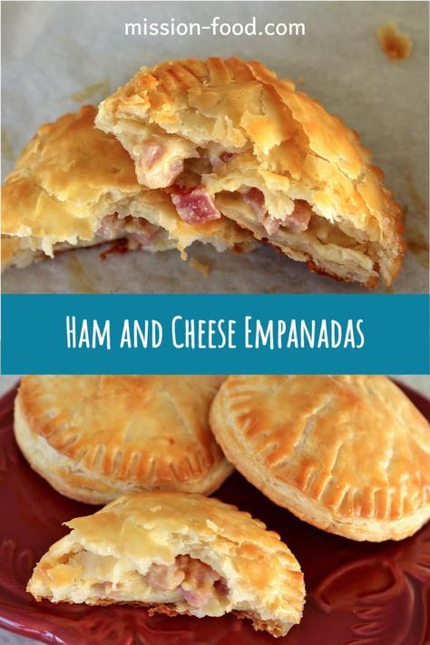 These flaky Ham and Cheese Empanadas feature a deliciously creamy and cheesy filling studded with smoky bites of ham. They are common among various Latin American countries including Cuba, Argentina, and Chile. Empanadas Recipe Ham And Cheese, Ham And Cheese Hand Pies Pioneer Woman, Baked Empanadas Dough, Ham And Cheese Empanadas Recipes, Ham Hand Pies Recipes, Empanada Filling Ideas, Mini Empanadas Appetizers, Empanadas Filling Ideas, Breakfast Empanadas Recipe