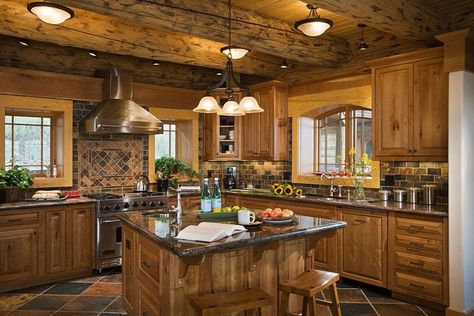 This open floor plan has a large kitchen with many windows and cabinets for storage - See more at: http://www.thehousedesigners.com/plan/ultimate-log-home-9436/#sthash.fnyk85Pw.dpuf Log Cabin Kitchens Cabinets, Rustic Log Cabin Kitchens, Cabin Kitchen Cabinets, Log Cabin Kitchen Ideas, Log Cabin Kitchens, Log Cabin Kitchen, Cabin Kitchen Decor, Log Home Kitchen, Dapur Rustic