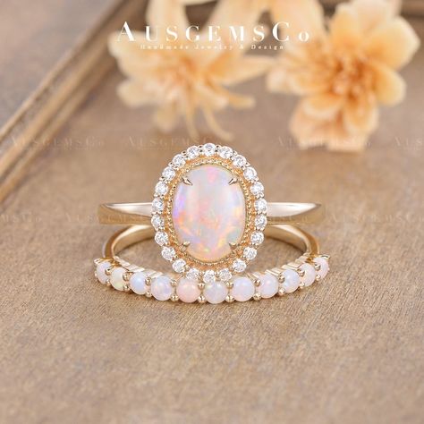 Vintage Natural Opal Engagement Ring Set Yellow Gold Oval Cut Halo Moissanite Wedding Rings Milgrain Half Eternity Anniversary Gift For Her 🌸ITEM Details Engagement Ring: Main Stone: Natural Australian Opal, 7*9mm Oval Cut Accent Stone: Moissanite, DEF Color, VVS-VS Clarity, 0.2 CT total Ring Band: 1.8mm Wedding Band: Main Stone: Natural Australian Opal, 2mm*11 Ring Band: 1.4mm Metal Choice: 10K/14K/18K Solid Gold (Rose, White, or Yellow) or Platinum; **All rings are handmade and shipped in Aus Luxury Gold Opal Ring With Halo Setting, Classic Luxury Yellow Gold Opal Ring, Opal Wedding Ring Set, Vintage Opal Engagement Ring, Opal Engagement Ring Set, Opal Engagement Ring, Detailed Engagement Ring, Opal Engagement, Engagement Rings Opal