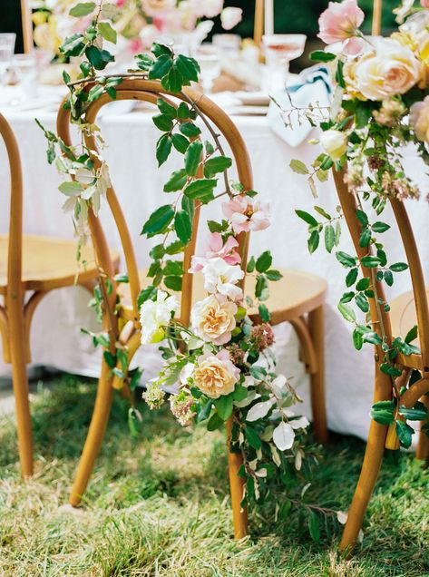 Bride And Groom Chair Flowers, Chair Florals Wedding, Chair Covered In Flowers, Flowers On Chairs Wedding, Chair Floral Arrangements, Ceremony Chair Flowers, Chair Flowers Wedding, Flowers On Chair, Venue Marketing