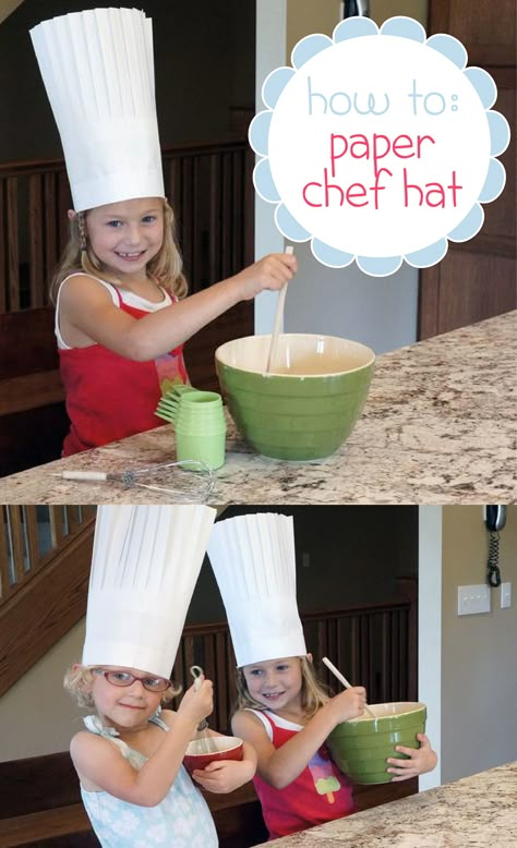 So adorable! The kids will want to help out in the kitchen if they get to wear these easy-to-make paper chef's hat! http://www.ehow.com/how_4761840_make-paper-chef-hat.html?utm_source=pinterest.com&utm_medium=referral&utm_content=inline&utm_campaign=fanpage Paper Chef Hats, Chef Outfit, Chef Hats For Kids, Chef Costume, Kid Chef, Cooking Party, Tall Hat, Chef Party, Chef Hats