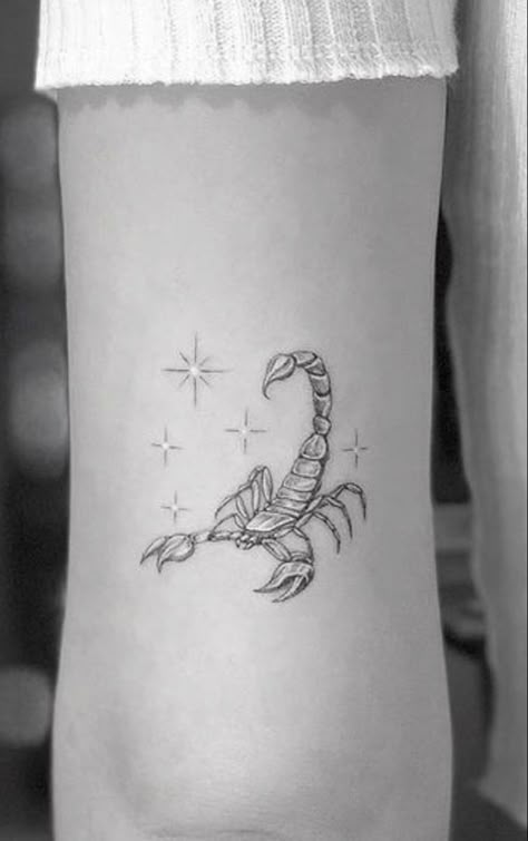 Girly Scorpio Tattoo Ideas, Small Scorpion Tattoo Woman, Small Fine Line Tattoo, Scorpion Tattoo Feminine, Scorpio Tattoos, Scorpion Tattoos, Scorpio Zodiac Tattoos, Best Cover Up Tattoos, Back Of Arm Tattoo