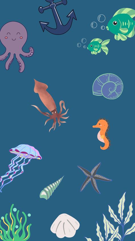 Fun under ocean themed wallpaper, graphic design background with sea creatures Ocean Themed Wallpaper, Wallpaper Graphic Design, Under Ocean, Graphic Design Background, Wallpaper Graphic, Theme Wallpaper, Under The Ocean, Ocean Wallpaper, Sea Theme