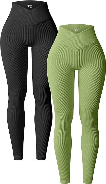 OQQ Women's 2 Piece Yoga Leggings Ribbed Seamless Workout High Waist Cross Over Athletic Exercise Leggings Bkack Avocado Green at Amazon Women’s Clothing store Exercise Leggings, High Waist Yoga Pants, Leg Muscles, Ribbed Leggings, Gym Clothes, Trending Fashion, Gym Leggings, Avocado Green, Wide Waistband