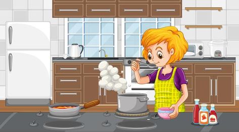 English Comprehension, Kitchen Cartoon, Woman Cooking, Kitchen Clipart, Kitchen Scene, Cooking In The Kitchen, Book Cover Illustration, Happy Woman, Isometric Illustration