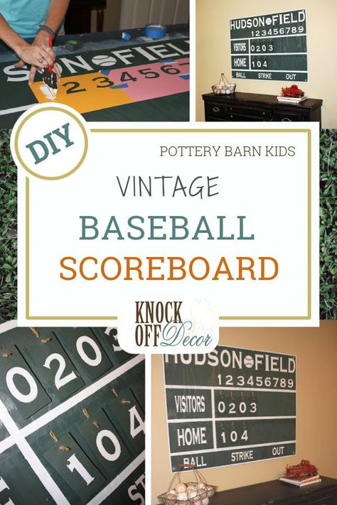 Vintage Baseball Scoreboard Wall Decor - This is one DIY project any baseball fan (kids and adults!) will love. Best of all, it's pretty easy too! You just need plywood, painters tape, stencils and paint. The little plaque numbers are easy to cut out and hang. Give this one a shot and follow the easy-to-follow DIY tutorial to make yours now! #diywalldecor #diyprojects #baseballdecor #baseball #diykidsroom Baseball Themed Bedroom, Baseball Caps Storage, Baseball Wall Decor, Baseball Costumes, Baseball Scoreboard, Baseball Bedroom, Baseball Wall Art, Baseball Room, Baseball Wall