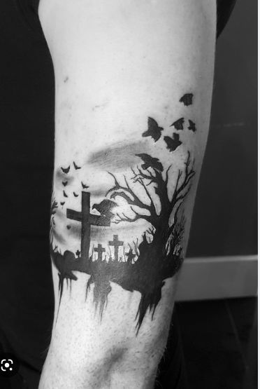 Graveyard Tattoo, Coffin Tattoo, Gothic Tattoos, Skull Sleeve, Movie Tattoos, Scary Tattoos, Tattoo Inspiration Men, Kawaii Tattoo, Gothic Tattoo