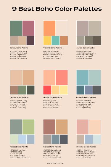 Boho Color Palettes, Bohemian Bedroom Colors, Bohemian Color Palette, Boho Color Palette, Color Palette Interior Design, Interior Design Bohemian, Stile Boho Chic, Decor Color Palette, Bedroom Colour Palette