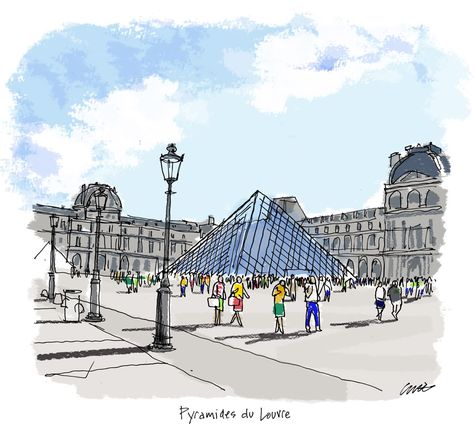 History Drawing, History Drawings, I M Pei, Louvre Pyramid, Sketchbook Layout, Travel History, Urban Sketch, France Art, Louvre Museum