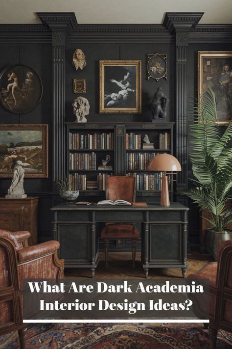 Embrace moody tones like deep greens, browns, and charcoal. Add antique furniture, vintage lighting, and ornate details to evoke sophistication. 🌿✨ Incorporate bookshelves, framed artwork and rich textures like velvet or leather. 🖋️📖 Design spaces like a cozy study room or elegant home office to reflect the timeless appeal of Dark Academia. #DarkAcademiaInteriorDesign #DarkAcademiaRoomInspiration #DarkAcademiaStudyRoom #DarkOfficeDecor #CozyHomeOffice #VintageOfficeAesthetic #MoodyHomeOffice Dark Academia Aesthetic Home Office, Contemporary Dark Academia, Dark Academia Home Interior, Antique Home Aesthetic, Academia Aesthetic Office, Dark Academia Cabin, Dark Academia Office Aesthetic, Dark Green Study, Dark Academia Room Inspiration