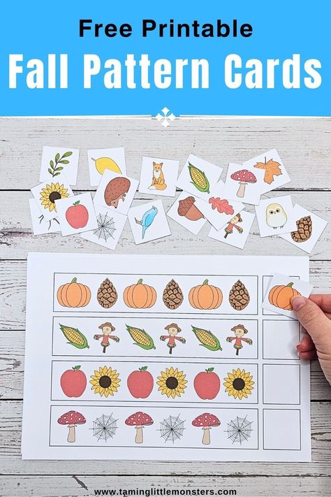 Fall Pattern Cards (Free Printable for Kids)    A great way to teach preschoolers and kindergarteners some simple math concepts. Grab your free copy today.    #fall #math #stem #freeprintable #preschool #kindergarten Math Activities Preschool Fall Theme, Fall Kindergarten Printables, Thanksgiving Patterns Kindergarten, Fall Math Prek, Farm Patterns Preschool, Patterns In Preschool, Math Links Pattern Cards Free Printable, Fall Shape Crafts Preschool, Fall Patterning Kindergarten