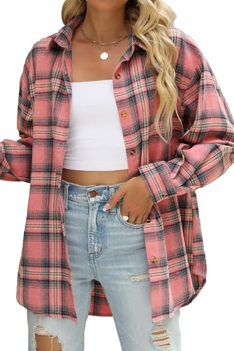 CHYRII Womens Button Down Flannel Shirts Long Sleeve Plaid Shackets Business Casual Blouse Top Flannel Shirts For Women, Plaid Print Shirt, Business Casual Blouse, Plaid Shirt Women, Womens Flannel Shirt, Loose Fit Shirts, Flannel Shirts, Flannel Women, Shirt Blouses Tops