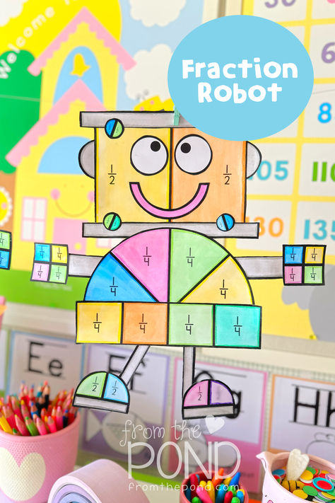 Make a gorgeous fraction robot math craft to explore shapes and how they combine to make a whole and review fractions. Learn more on the blog! Fraction Anchor Chart 2nd Grade, Fraction Craft 2nd Grade, Fractions Anchor Chart 1st Grade, Fractions Anchor Chart 2nd Grade, Teaching Fractions 3rd Grade, Fractions 2nd Grade, First Grade Fractions, Fraction Games For Kids, Fractions Craft