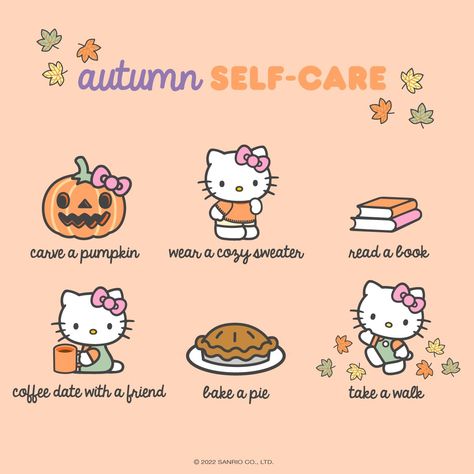 Sanrio Activities, Hello Kitty To Do List, Hello Kitty Self Care, October Self Care, Hello Kitty Fall Wallpaper, Autumnal Activities, Autumn Self Care, Fall Self Care, Kitty Care