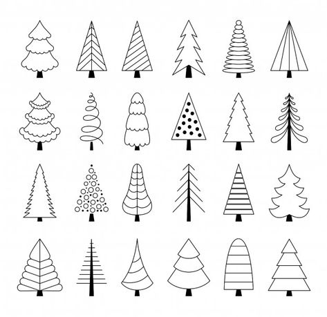 Set of christmas trees in a simple outli... | Premium Vector #Freepik #vector #tree #drawing #outline #collection Christmas Tree Doodles Easy, Christmas Tree Simple Drawing, Doodle Christmas Tree, X Mas Tree Drawing, Crismas Tree Drawing, Christmas Tree Drawing Simple, Christmas Tree Ideas Drawing, Christmas Trees Drawing, Christmas Simple Drawings