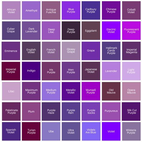 Purple Color Chart, Purple Color Names, Purple Colour Shades, Purple Names, Birth Colors, Purple Color Palettes, Color Palette Challenge, Color Palette Design, Colour Board