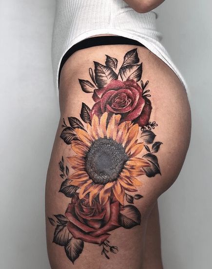 Thigh Piece Cover Up Tattoo, Sunflower Roses Tattoo, Sunflower And Leaves Tattoo, Sun Flower And Rose Tattoo, Cover Up Tattoos For Women Hip, Thigh Tattoos Women Sunflower, Sunflower Leg Tattoos Women, Hip Thigh Tattoos Women Ideas, Thigh Tattoo Cover Up Ideas