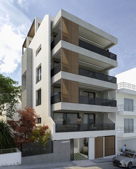 Our latest residential project concerns an A+energy efficient apartment building, located in the Agios Dimitrios area in Athens, Greece. This residential design consists of a four-storey building with pilotis, basement and a roof area for exclusive use, including a flat apartment per floor. Regarding the size of the building, we have a total of 325sq.m […] Apartment Blocks Architecture, Two Floor Apartment Design, Apartments Ideas Architecture, Modern 3 Story Apartment Building Design, 4 Storey Residential Building Design, 3 Storey Apartment Design, 8 Story Apartment Building, 3 Floor Apartment Building, Outside Apartment Building