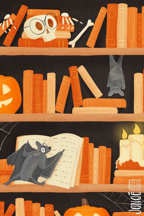 Featuring a whimsical bookshelf adorned with cute bats, spooky books, and friendly jack o' lanterns, this artwork is perfect for adding a touch of Halloween magic to your space. Whimsical Bookshelf, Magic Bookshelf, Bookshelf Illustration, Halloween Bookshelf, Spooky Books, Cute Bats, Cute Bat, Halloween Magic, Halloween Bats