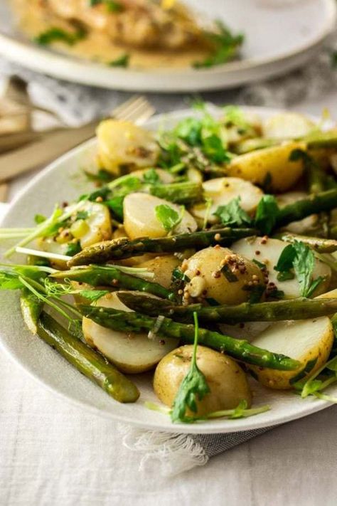 Warm Potato Asparagus Salad | Sugar Salt Magic Anna Barnett, Easy Vinaigrette, Potato Asparagus, Lemon Thyme Chicken, Raclette Cheese, Warm Potato Salads, Simple Vinaigrette, Warm Salad, Asparagus Salad