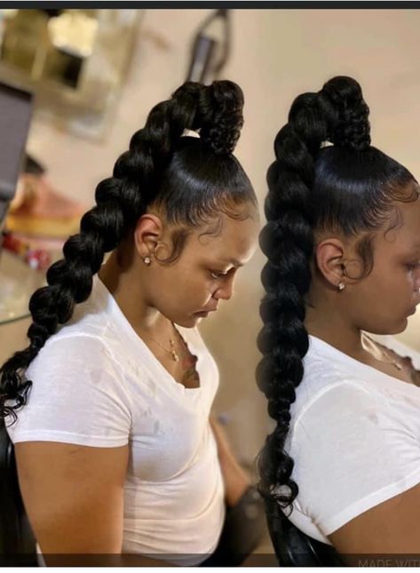 Large Braided Ponytail, Jumbo Braid Ponytail With Curls, Genie Ponytail Weave With Braid, Bushy Ponytail Hairstyles Black, 1 Jumbo Braid Ponytail, Big Puff Ponytail, Jumbo Braid Ponytail, Long Braided Pigtails For Black Women, Sleek Braided Ponytail